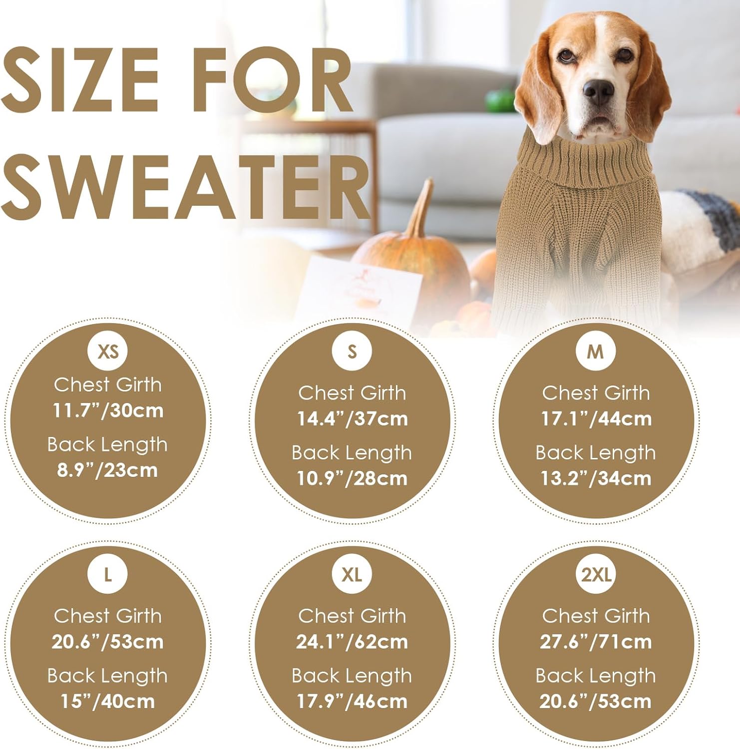 SUNFURA Small Dog Sweater, Turtleneck Dog Sweater for Cold Weather, Puppy Knitwear Pullover for Christmas Thanksgiving, Pet Winter Knitted Sweatshirt for Pug Dachshund, Camel S
