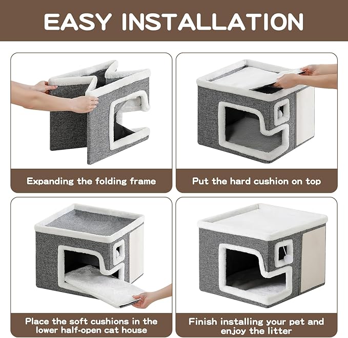 Cat Houses for Indoor Cats, Covered Cave Bed with Scratch Pad and Fluffy Ball, Foldable Cat Hideaway Condo for Large Cats, Modern Kitten Bed,16.5x16.5x13 inches (Grey, Large)