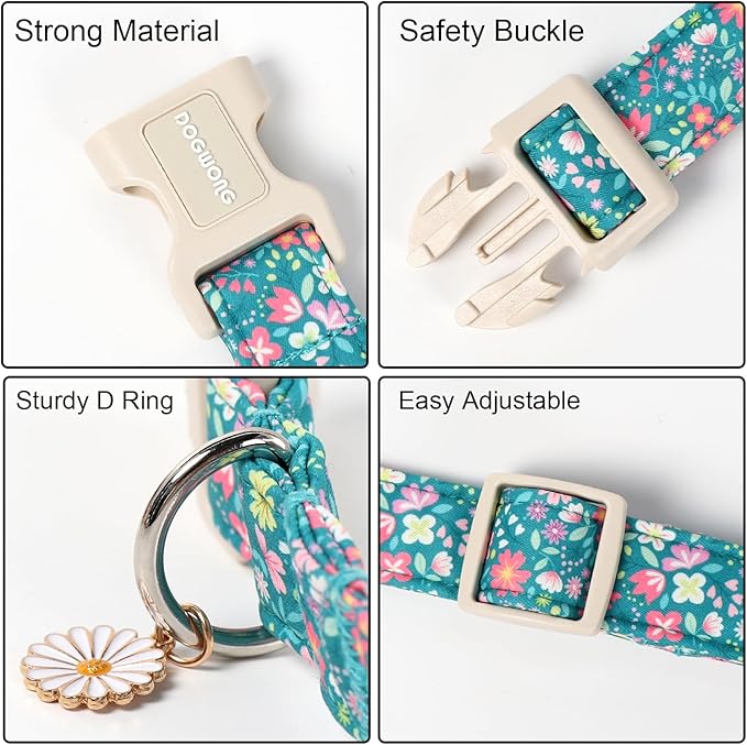 DOGWONG Blue Flower Dog Collar, Purple Daisy Dog Collar Adjustable Soft Fabric Girl Pet Dog Collars Cute Puppy Necklace for Small Medium Large Dogs