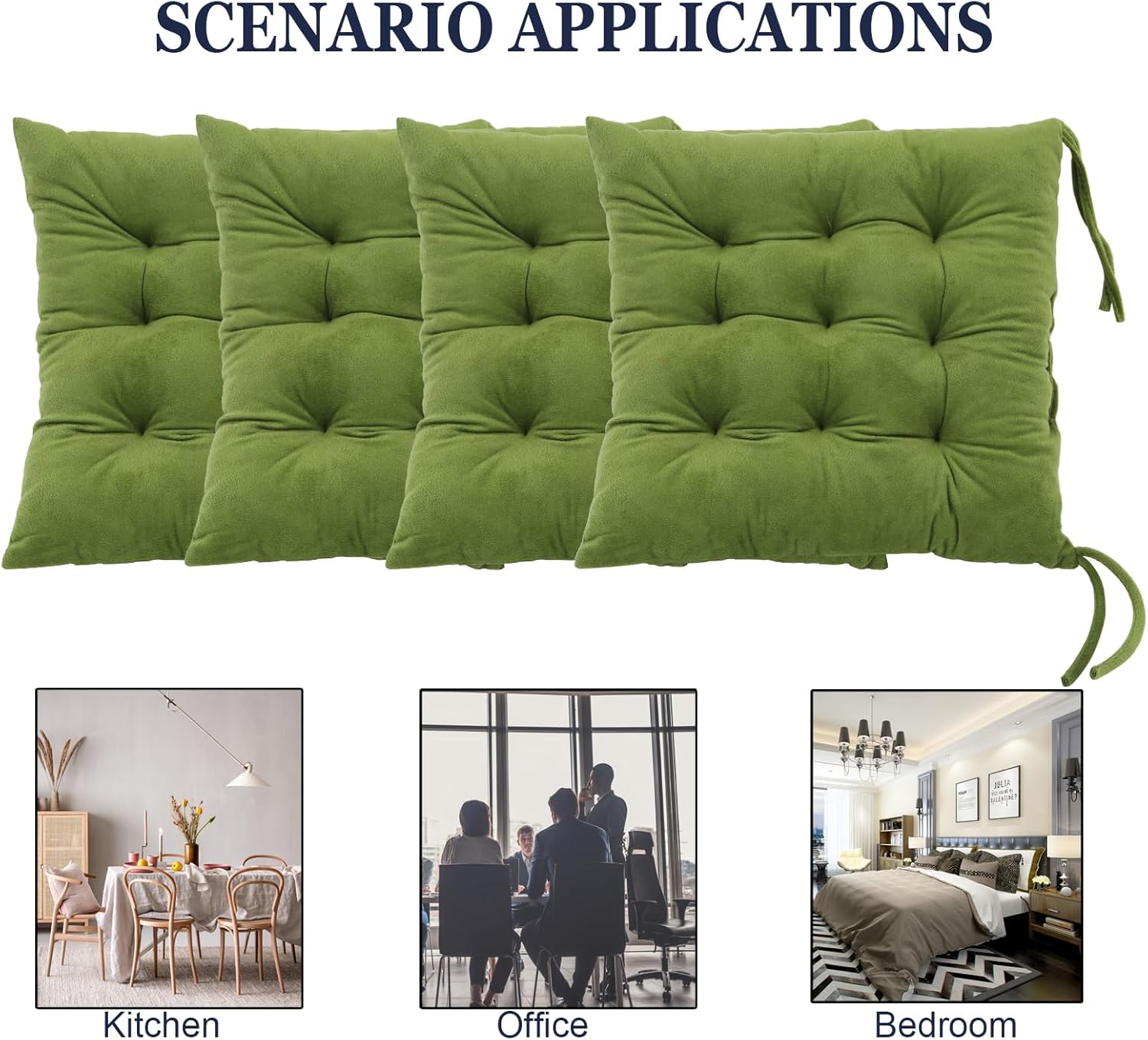 Set of 4 Chair Cushions for Dining Chairs with Ties, Indoor Non-Slip Kitchen Chair Pad and Dining Room Seat Cushion Mat for Office Living Room Outdoor 15.5" - Green