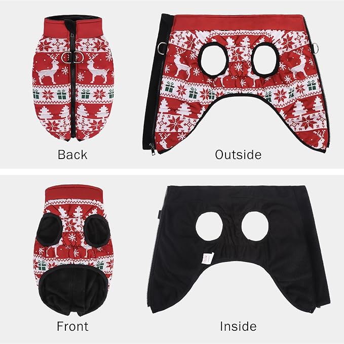 SCENEREAL Christmas Winter Dog Vest Coat with Harness Built in, Warm Puppy Jacket for Small Medium Dogs, Cold Weather Coat with Zipper, Fleece Puffer Vest Windproof Snow Clothes, S