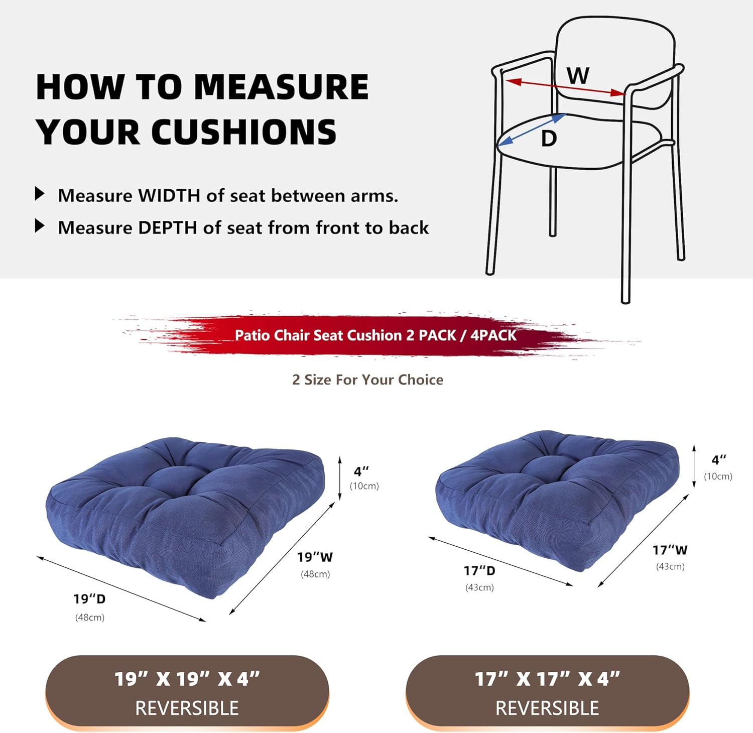 RACE LEAF 4 Pack 19x19 Patio Chair Cushions, Waterproof Memory Foam Cushions with Tufted Cover and Non-Slip Base (Navy)