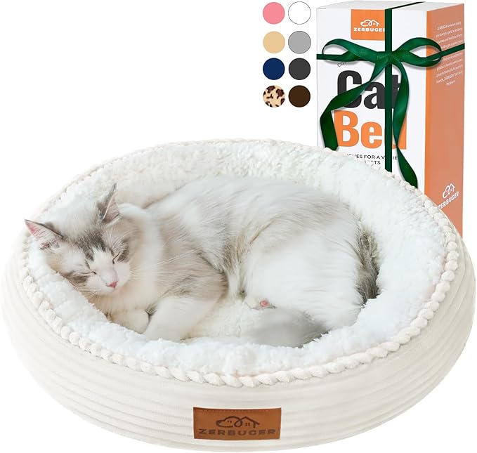 20in Cream Round Cat Dog Bed Gift for Large Medium Small Dogs Cats, Machine Washable Sleeping Sofa, Non-Slip Bottom Breathable Soft Calming Pet Cuddler for Indoor/Outdoor/Car/Cage