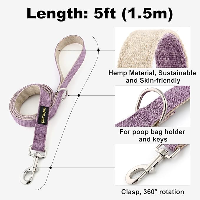 Plutus Pet Cotton Hemp Dog Collar and Leash Set, Adjustable Collar for Small, Medium, and Large Dogs, Heavy Duty and Soft on Skin, Lavender, S