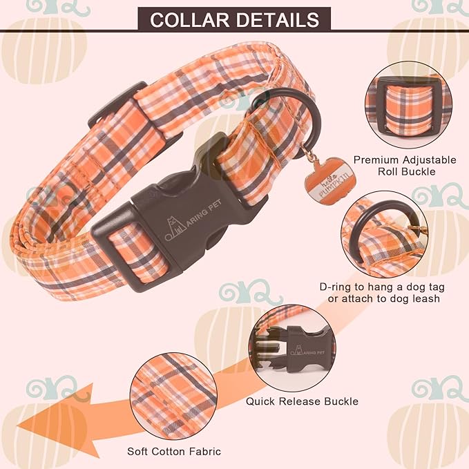 ARING PET Puppy Fall Dog Collar, Autumn Orange Black White Plaid Pet Collars for Small Medium Large Girl Boy Dogs Halloween-XL Size