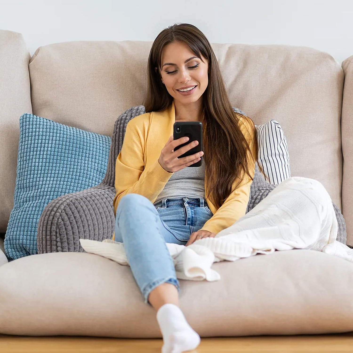 A Nice Night Reading Pillow Bed Wedge Large Adult Children Backrest with Arms Back Support for Sitting Up in Bed/Couch for Lounging Bedrest,Waffle Stereoscopic Design,Grey