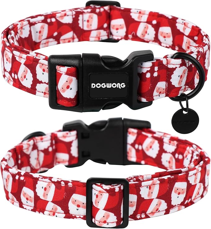 DOGWONG Christmas Cotton Dog Collar, Red Santa Claus Dog Collar Durable Holiday Pet Dog Collars Cute Puppy Necklace for Small Medium Large Dogs,XL