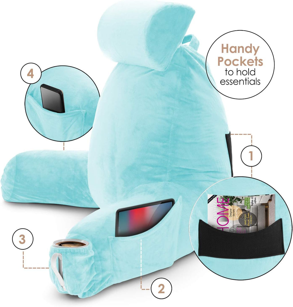 Nestl Reading Pillow with Shredded Memory Foam Includes 2 Neck and Lumber Support Pillows, Designed for Sitting Up in Bed and Couch, Back and Arms Adjustable Support for Adult & Teens, Light Blue