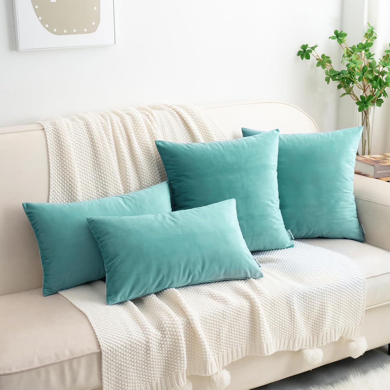 HWY 50 Teal Blue Velvet Rectangular Throw Pillow Covers 12x20 Inch, Pack of 2 Soft Cozy Solid Decorative Luxury Cushion Cases for Couch Sofa Bed Living Room Bedroom