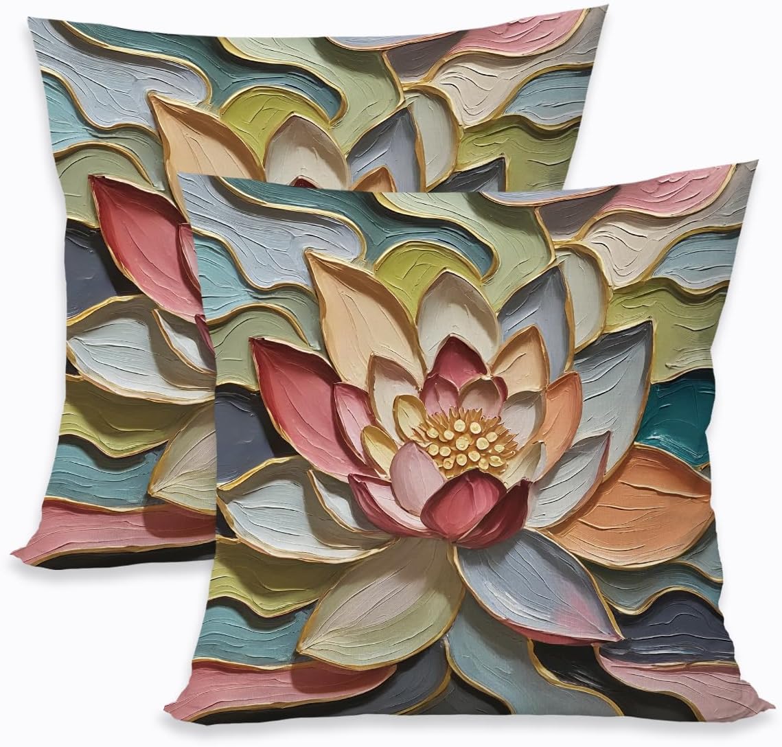 2 Pcs Oil Painting Lotus Floral Art Throw Pillow Covers, Lotus Oil Painting Art Retro Decorative Square Pillow Cases for Couch Sofa Bed Bedroom Apartment Dorm Living Room Office Home Decor
