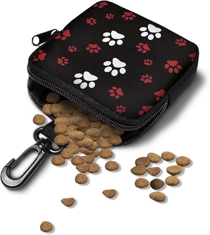 KEIAHUAN Small Dog Treat Pouch with Metal Clasp Puppy Doggie Snack Reward Bags Hands-Free Training Dog Treat Pouch Pet Waiste Dispenser for Puppy Walking Accessories, White Red Paw