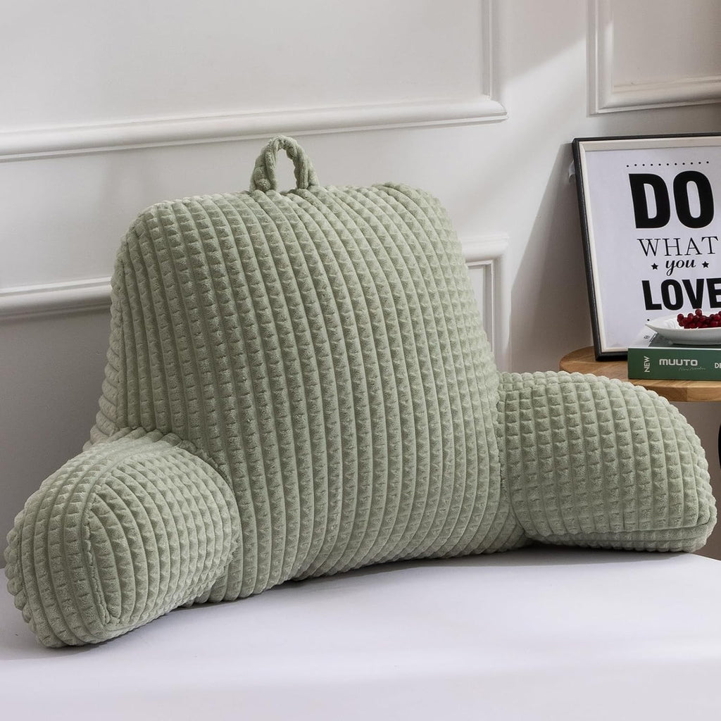 A Nice Night Reading Pillow Bed Wedge Large Adult Children Backrest with Arms Back Support for Sitting Up in Bed/Couch for Lounging Bedrest,Waffle Stereoscopic Design,LightGreen
