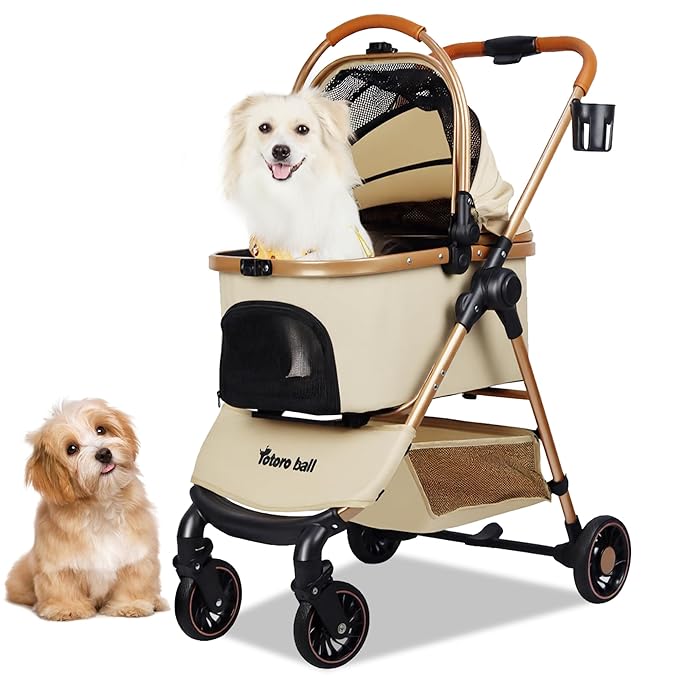 3-in-1 Pet Stroller for Small Dogs & Cats up to 33lbs, One-Touch Fold 4-Wheel Cart with Removable Carrier, Rear Brake & Storage Basket