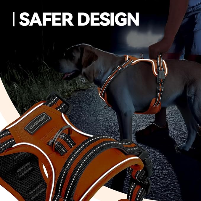 VIVAGLORY Dog Harness Easewalk No Pull Dog Harness with Handle & Front Back Clip for Training Lifting, Easy On Adjustable Padded No Pull for Pet & Puppy, XL, Orange
