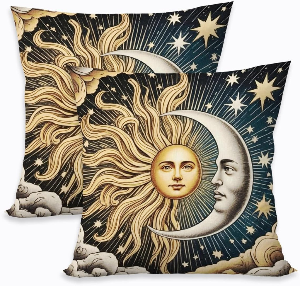 2 Pcs Celestial Sun and Moon Linen Throw Pillow Covers, Elegant Sun and Moon Square Pillowcases Cushion Cover for Women Friend Sister Coworker Birthday Christmas Mothers Day Friendship Gifts