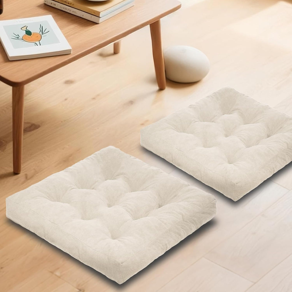 Meditation Floor Pillow Set of 2, Square Large Pillows Seating for Adults, Tufted Corduroy Cushion for Tatami Living Room, 22x22 Inch FP-Beige