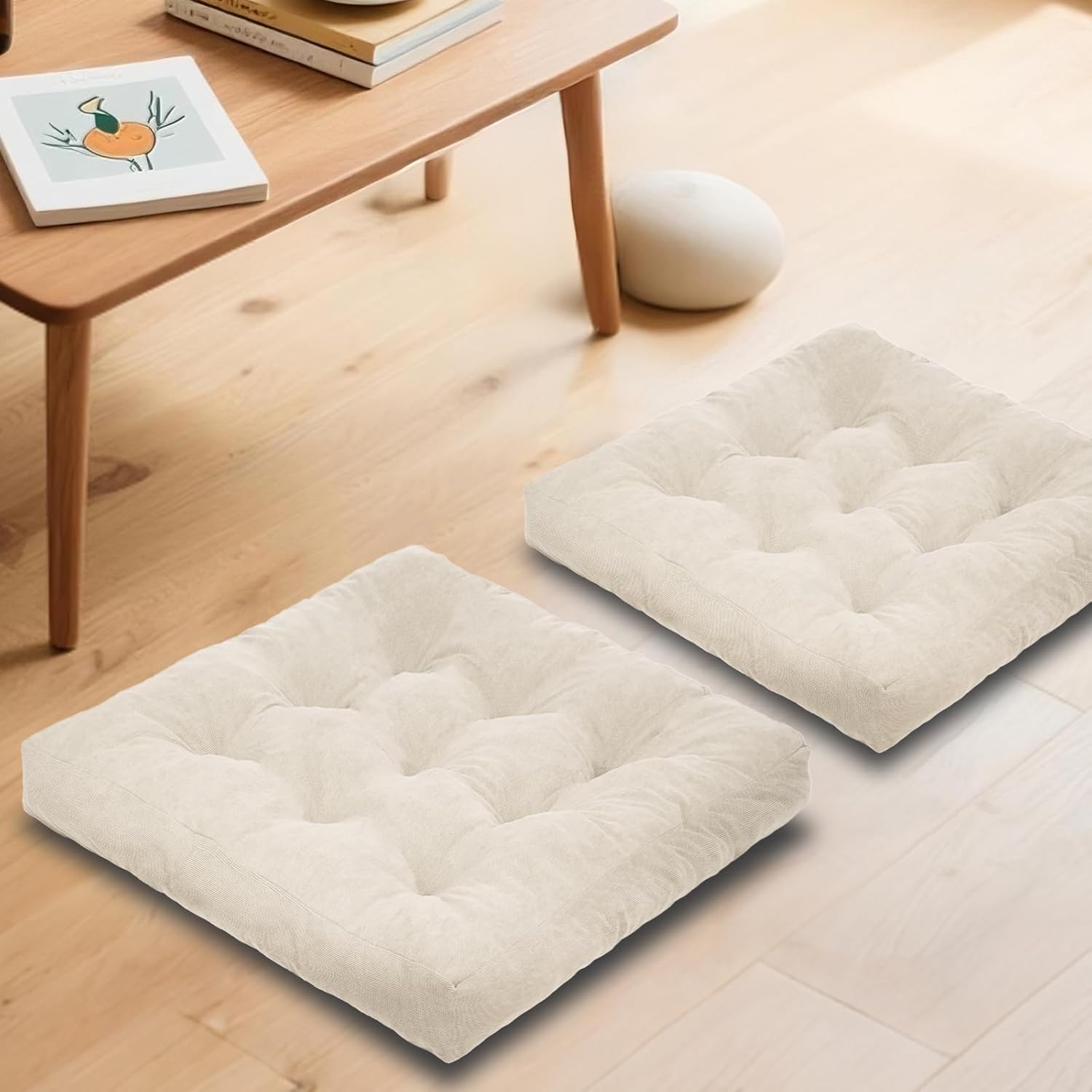 Meditation Floor Pillow Set of 2, Square Large Pillows Seating for Adults, Tufted Corduroy Cushion for Tatami Living Room, 22x22 Inch FP-Beige