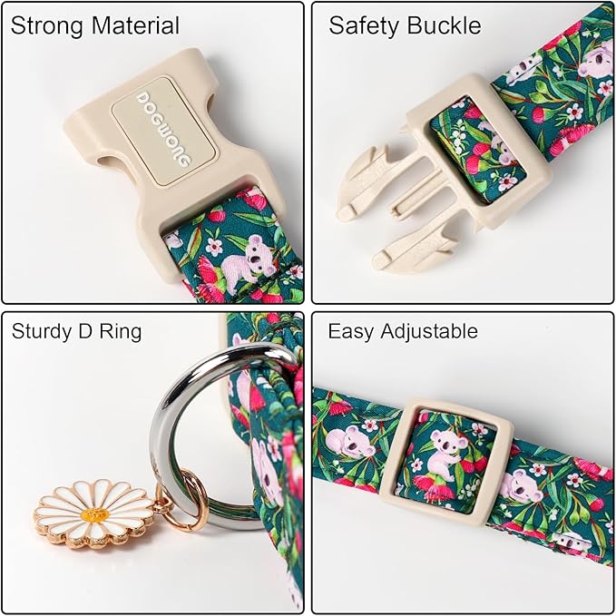 DOGWONG Cute Dog Collar, Flower Koala Dog Collar Durable Soft Fabric Pet Dog Collars Girl Female Puppy Necklace for Small Medium Large Dogs