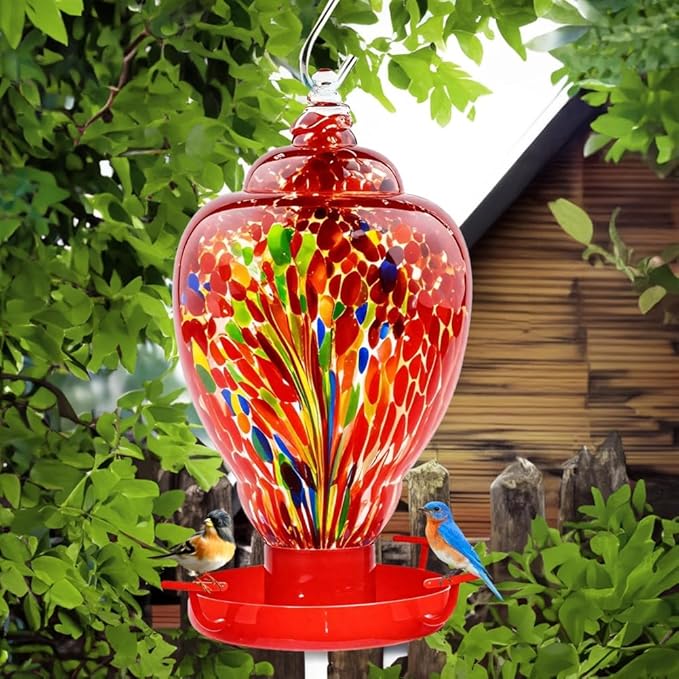 Colorful Glass Wild Bird Waterer 32 Oz Bird Water Feeder for Outdoors Garden Outside Water Cooler Tree Yard Decoration (Red-fire)