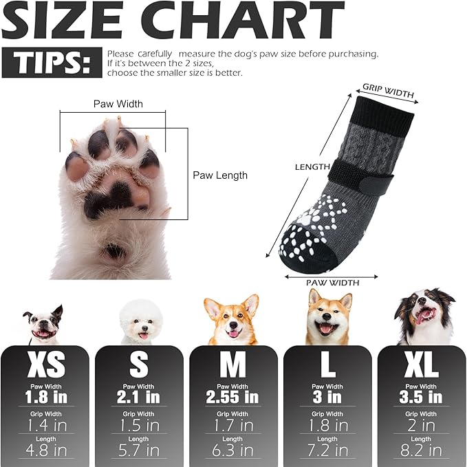 EXPAWLORER Dog Socks for Hot Pavement to Prevent Licking Paws, Non Slip Doggie Grippy Booties Shoes for Hardwood Floors, Boots & Paw Protectors for Small Medium Large Senior Dogs Twists Grey L