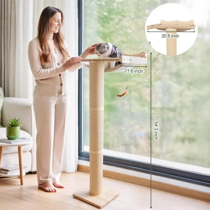Upgraded Cat Window Perch with Scratching Post, 54.3" Adjustable Cat Tall Scratching Posts & Suction Cup – Multi-Level Perch for Climbing, Bird Watching, and Play, Supports 60 lbs (Drilling-Free)