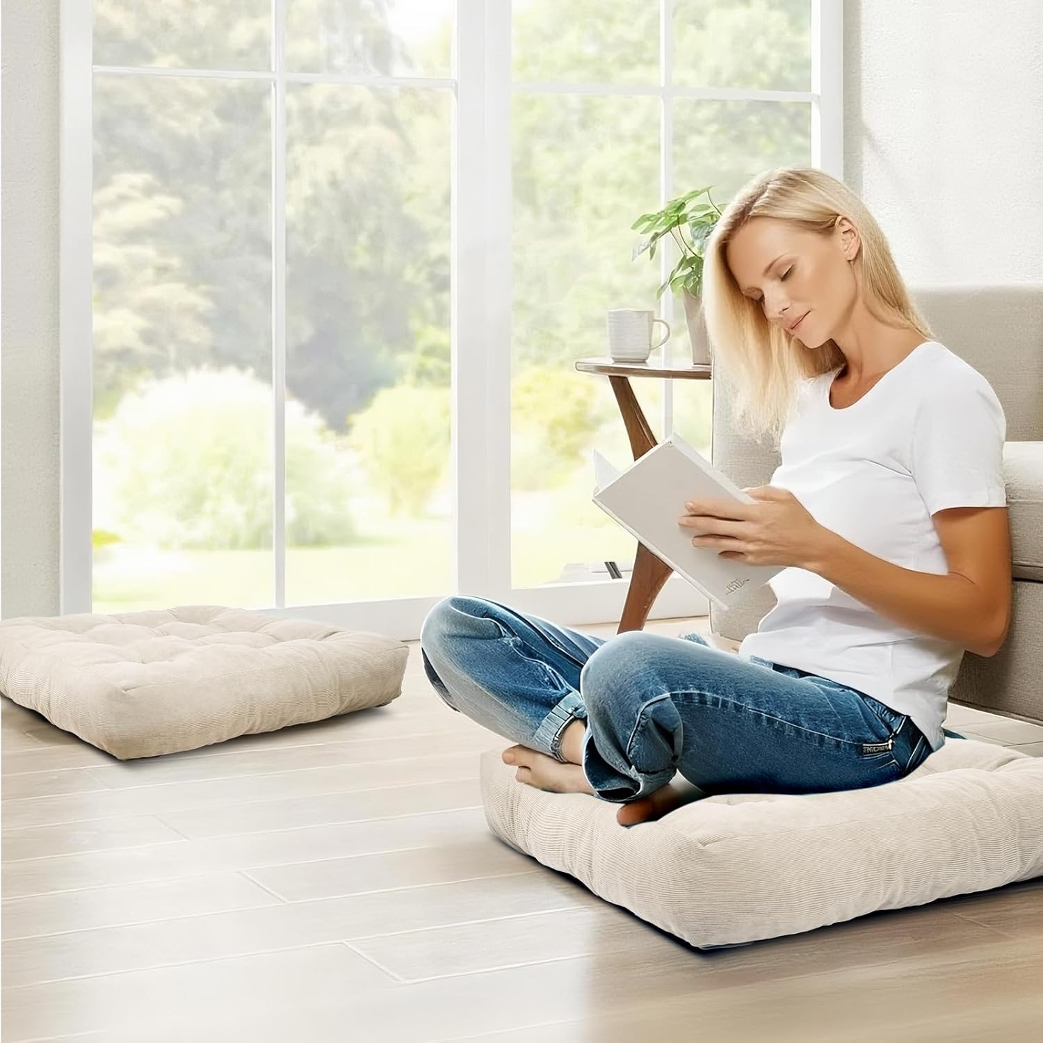 Meditation Floor Pillow Set of 2, Square Large Pillows Seating for Adults, Tufted Corduroy Cushion for Tatami Living Room, 22x22 Inch FP-Beige