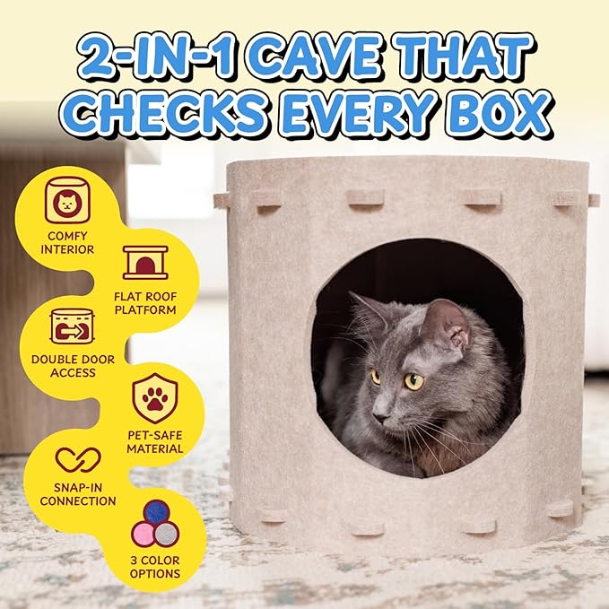 Tess & Liza Felt Cat Cave – Cozy Hideaway for Cats & Kittens | Eco-Friendly Felt Cat House | Durable & Spacious Cat Bed for Large Cats | Stylish Indoor Pet Furniture by Snarky Pets™ Blue