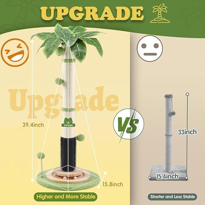 39.4'' Tall Cat Scratching Post,3.5 Inch Wide Sisal Rope Scratching Post for Indoor Adults Kittens,Cat Scratcher with Stable Solid Wood Base Interactive Ball Toys Self Groomer Brush for Large Cats