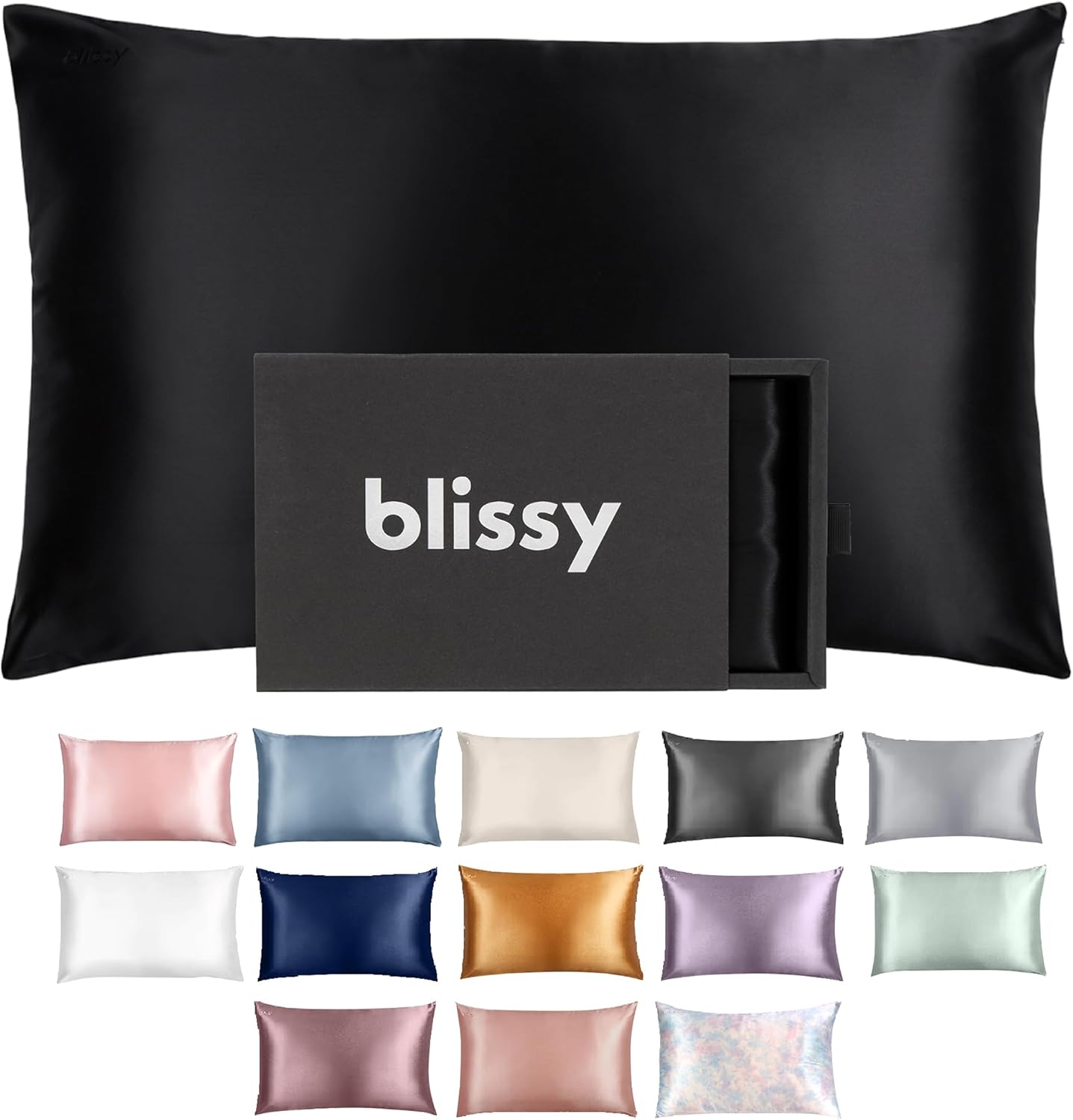 Blissy Silk Pillowcase - 100% Pure Mulberry Silk - 22 Momme 6A High-Grade Fibers - Silk Pillow Cover for Hair & Skin - Regular, Queen & King (Black, Queen)