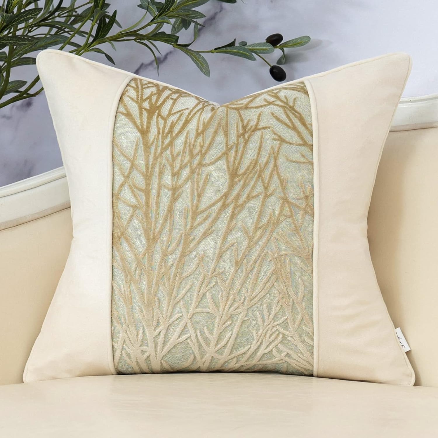 Yangest Beige Twigs Throw Pillow Cover Velvet Branches Velvet Cushion Case Neutral Pillowcase for Sofa Couch Bedroom Living Room Home Decor,20x20 Inch