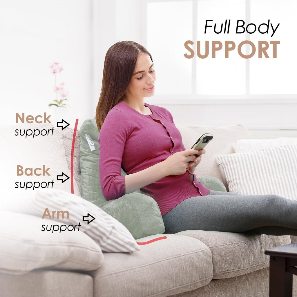 Nestl Reading Pillow with Shredded Memory Foam, Designed for Sitting Up in Bed and Couch, Back and Arms Adjustable Support for Adult & Teens Backrest Pillows for Reading with Washable Cover Sage Green