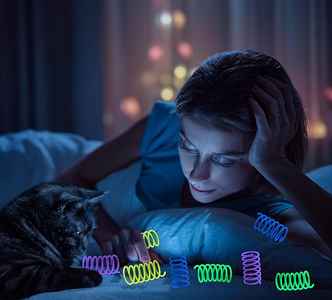 Fashion's Talk 12PCS Glow-in-The-Dark Springs Cat Toys for Indoor Cats,Jelly Color Interactive Play Kitten Toys for Chase and Exercise