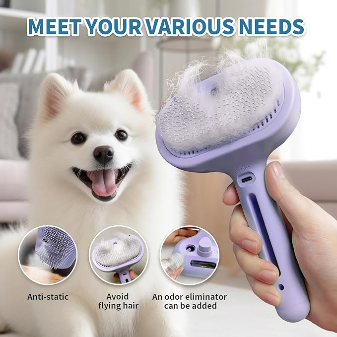 Dog Brush for Shedding, 3 in 1 Self Cleaning Steam Dog Brush - Anti-Static,Cat Steam Brush Removal Comb with Release Button, Grooming Tool for Long and Short Hair Pets, Purple