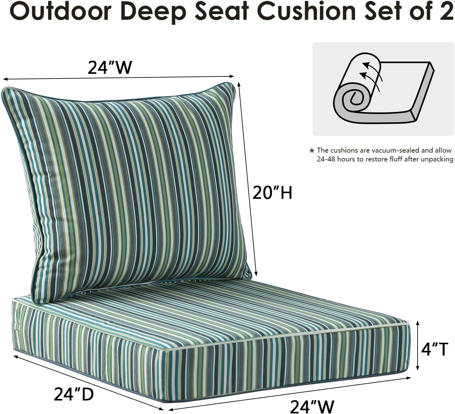 Sunbrella Outdoor Patio Chair Cushions Set, 24" x 24", Set of 2, Water-Repellent, Fade Resistant, Deep Seat Cushion for Backyard, Couch, Sofa and Patio Furniture, Troupe Caribbean