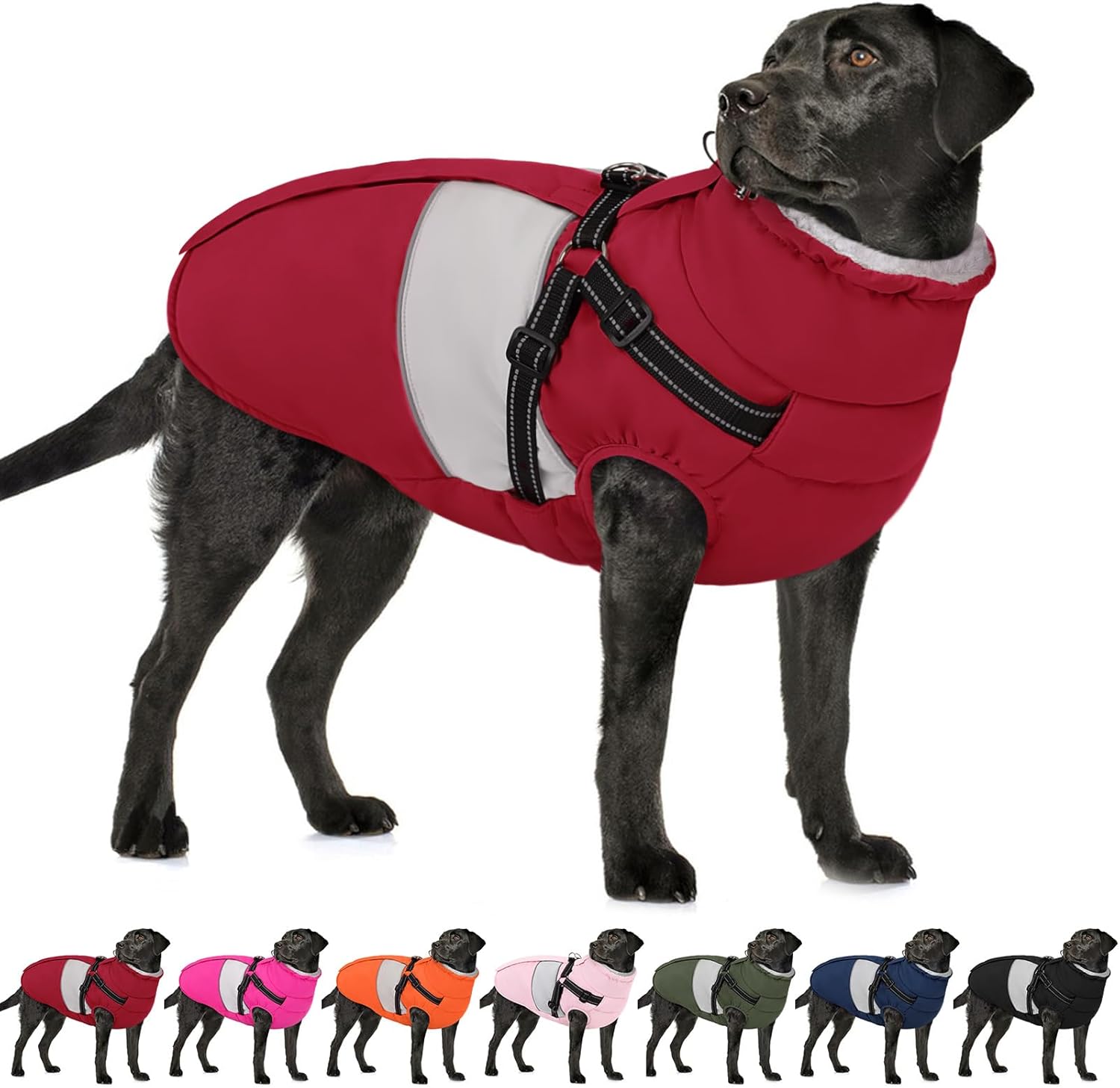 AOFITEE Dog Coat, Large Dog Jacket, Dogs Coat with Harness Built in, Reflective Waterproof Dogs Jackets Winter with Furry Collar, Warm Polar Fleece Pet Sweater Snowsuit for Doberman, Great Dane XXXL