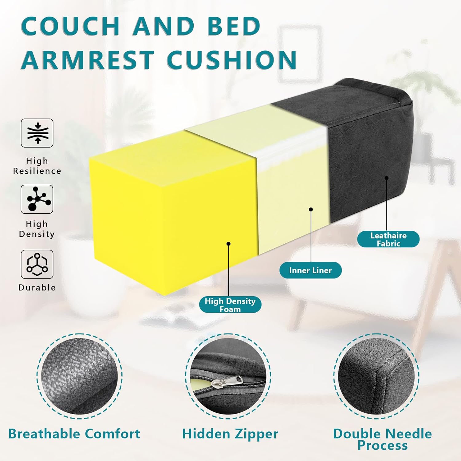 2 Pack Couch Arm Rest Pillow, 6''x6''x20'' Faux Leather Waterproof Cover, High Density Foam Armrest Cushion, Removable & Washable Elbow Support for Sofa, Bed, and Armchair (Black)