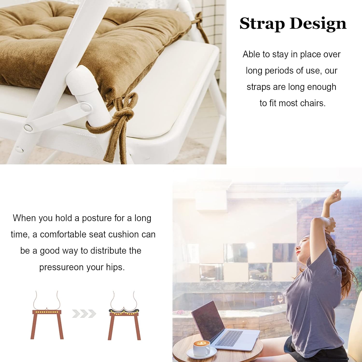 Set of 4 Square Chair Pads Indoor Seat Cushions Pillows with Ties Soft Comfortable Non Slip Chair Mat for Kitchen Dining Office Desk Living Room Outdoor Tatami 15.5" - Khaki