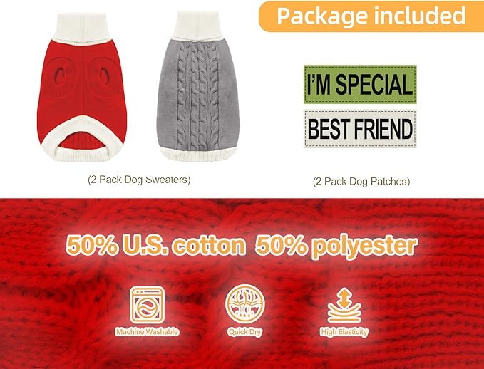 2 Pack Dog Christmas Sweaters for Small Dogs - Puppy Medium Warm Clothes Winter, Turtleneck Pullover Design for Male Boy Girl Pet, Doggie, Cat, Kitten Chihuahua Bulldog (S, Xmas Red, Grey)