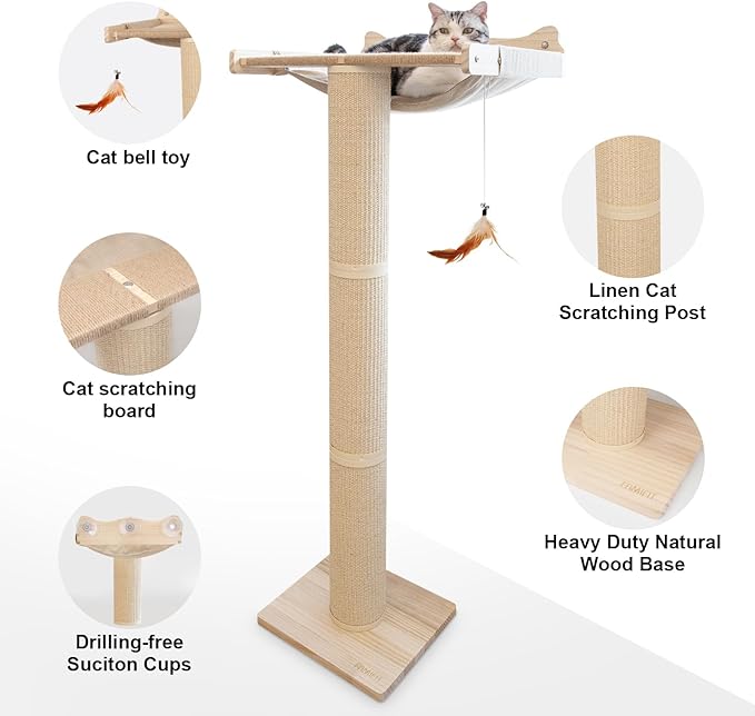 Upgraded Cat Window Perch with Scratching Post, 54.3" Adjustable Cat Tall Scratching Posts & Suction Cup – Multi-Level Perch for Climbing, Bird Watching, and Play, Supports 60 lbs (Drilling-Free)