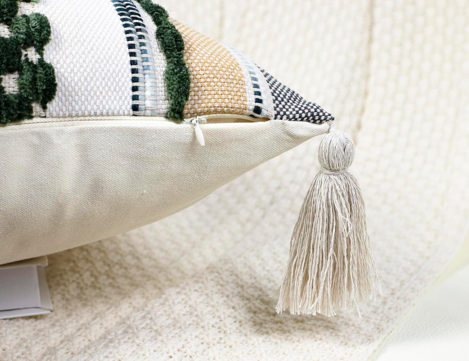 PANOD Chenille Farmhouse Throw Pillow Covers 16 x 16 Dark Green, Neutral Boucle Couch Pillow Cover, Striped Decorative Boho Coushion Cover Pillow Case for Couch Bed Sofa Bedroom,Modern Accent,Set of 2