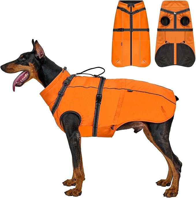 OneTigris Dog Coat with Harness - Reflective Adjustable Coats for Medium and Large Dogs, Waterproof Warm Winter Coat, Soft Heavy Fleece Lining with Back Zipper Dog Jackets