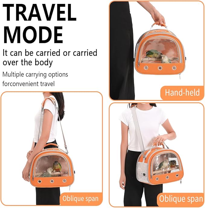 Bird Carrier,Bird Cage Parakeet Parrot Budgie Carrier Backpack for Small Birds, Travel Bird Cages with Perch, Transparent Ventilation Cockatiels, Lightweight Pet Carrier for Outdoor Use(Orange)