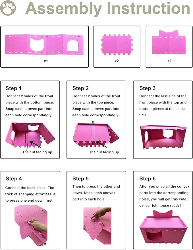 Cat House Cat Ear Design, Large Spacious Cozy Indoor Cat Bed Cave, Scratch Resistant Strong Thick Premium Felt Condo, Fun Hideaway for Multiple Cats, 21.5x13x11.6 inches (Pink)