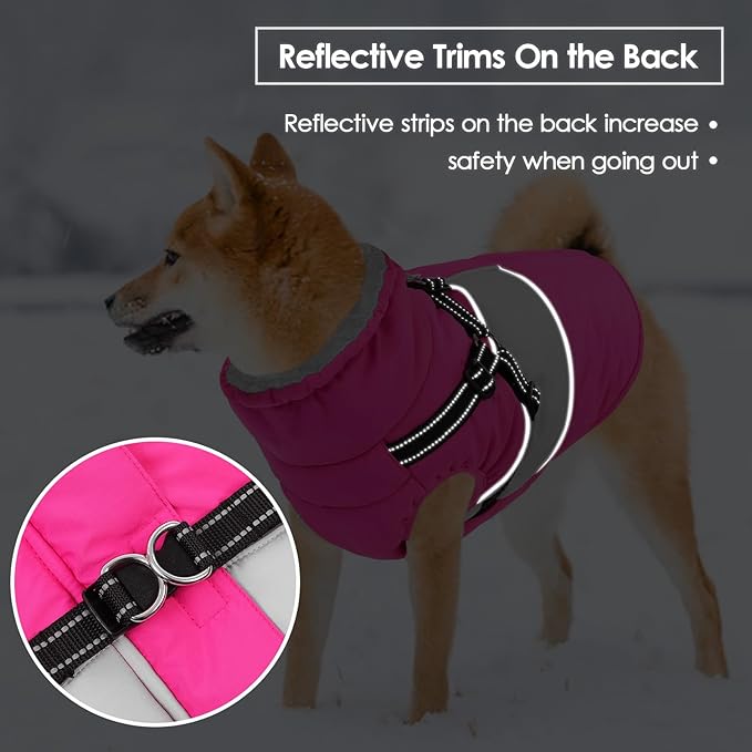 SUNFURA Small Dog Coat with Harness Built in, Warm Dog Jacket Winter with Zipper On Back, Waterproof Pet Snow Jacket Snowsuit Pet Sweater Clothes for Schnauzer, Yorkshire Terrier, Hot Pink S