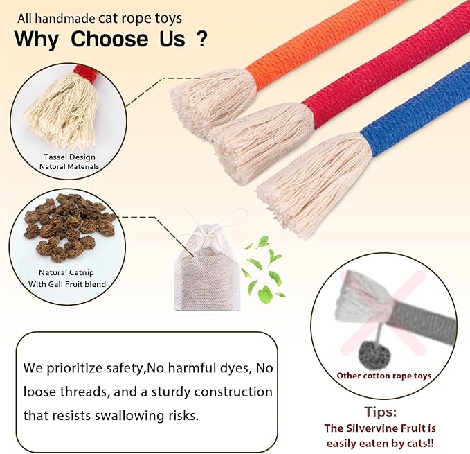 Retro Shaw Cat Toys Chew Ropes, 3PCS Catnip Kitten Toys for Indoor Cats Kitty, Safe Kitten Teething Chew Toy Cat Nip Kicker String - 23.6 Inches