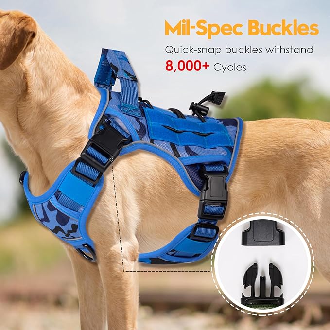 Heavy-Duty Tactical Dog Harness for Large Dogs, No Pull Adjustable Reflective Pet Vest with Molle System, K9 Military-Grade Control for Service Training, Outdoor & 10+ Breeds, Blue Camo, Small