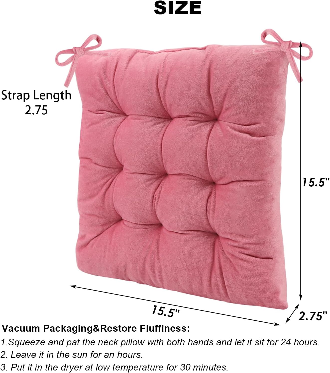 2 Pack Square Seat Cushion Chair Pads for Kitchen Dining Chairs, Soft Comfort Velvet Chair Mat Pillow Cushions with Ties for Office Desk Living Room Tatami 15.5", Pink