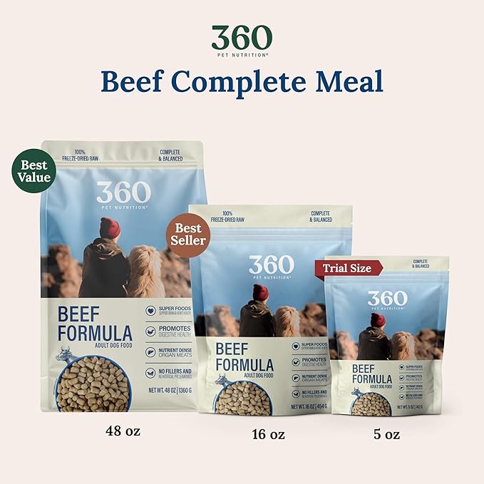 360 Pet Nutrition Freeze-Dried Raw Dog Food – Beef Recipe with Liver & Organs, High Protein with Omega-3s, Fruits, Veggies & Superfoods, Grain-Free, No Fillers, 1 lb – Made in USA