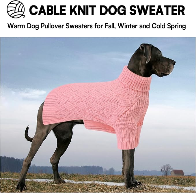 KOESON Large Dog Sweater, Warm Christmas Dog Sweaters for Large Dogs, Cable Knit Sweater for French Bulldog, Pug, Corgi, Boston Terrier, Easy On Xmas Sweaters for Dogs, Pink, L