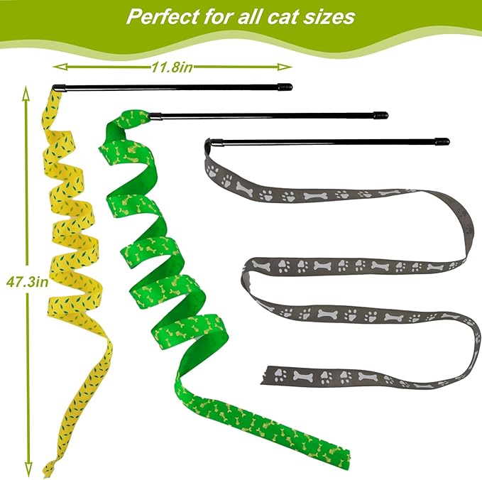 Interactive Cat Toy Wand, Cat Teaser Wand Rainbow String for Bored Indoor Adult Cats and Kittens (3 Pack String)